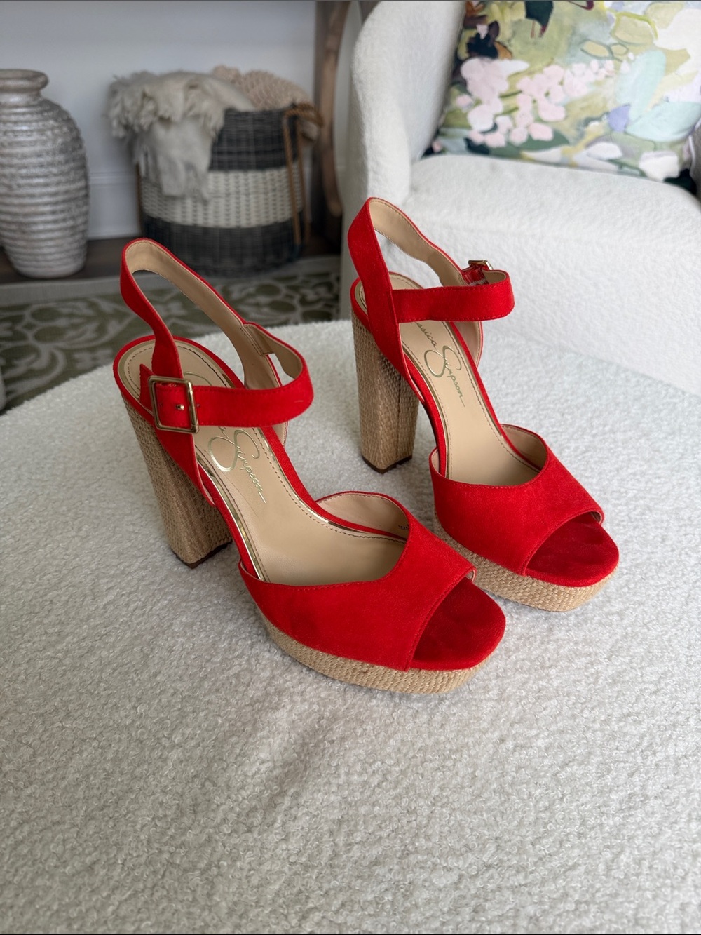 Jessica Simpson Red-orange Platform Block Heel Sandals Size 7M Like New